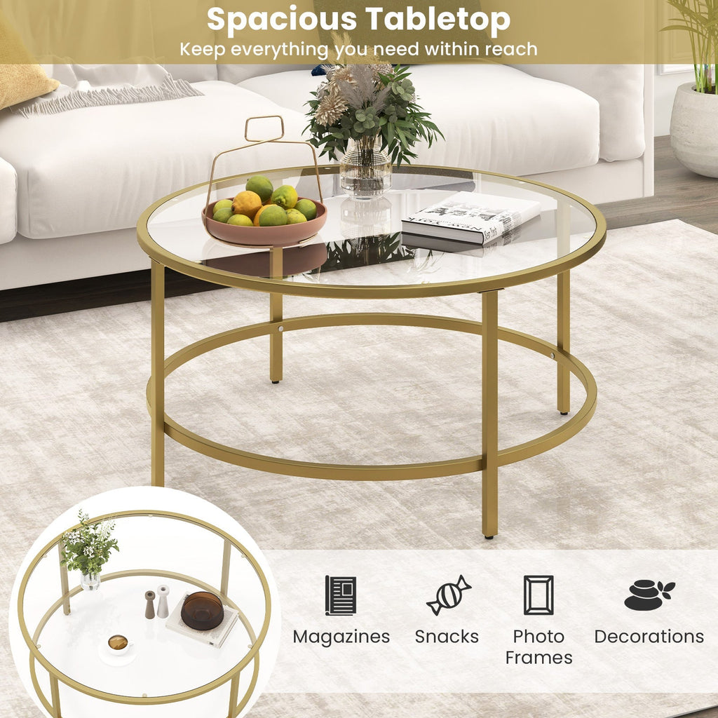 36 Inch Round Coffee Table with Tempered Glass Tabletop