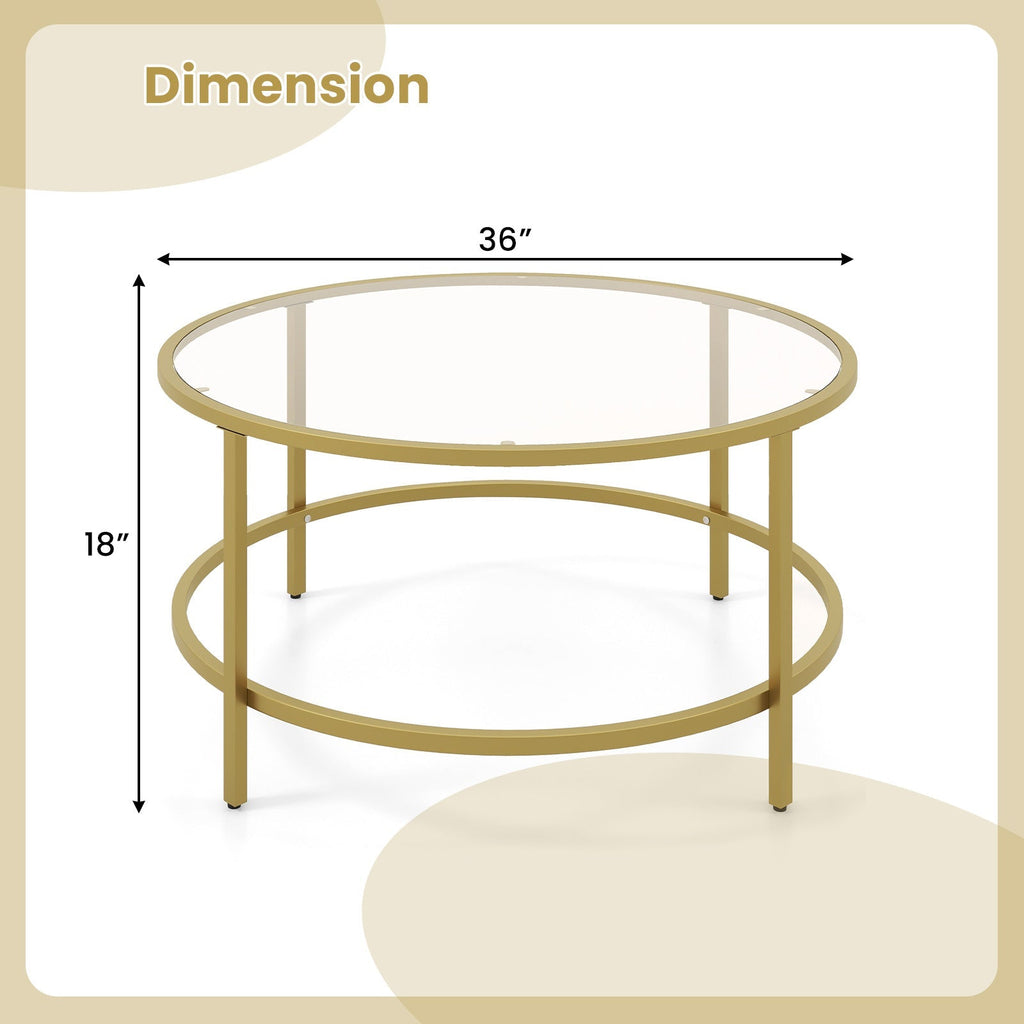 36 Inch Round Coffee Table with Tempered Glass Tabletop