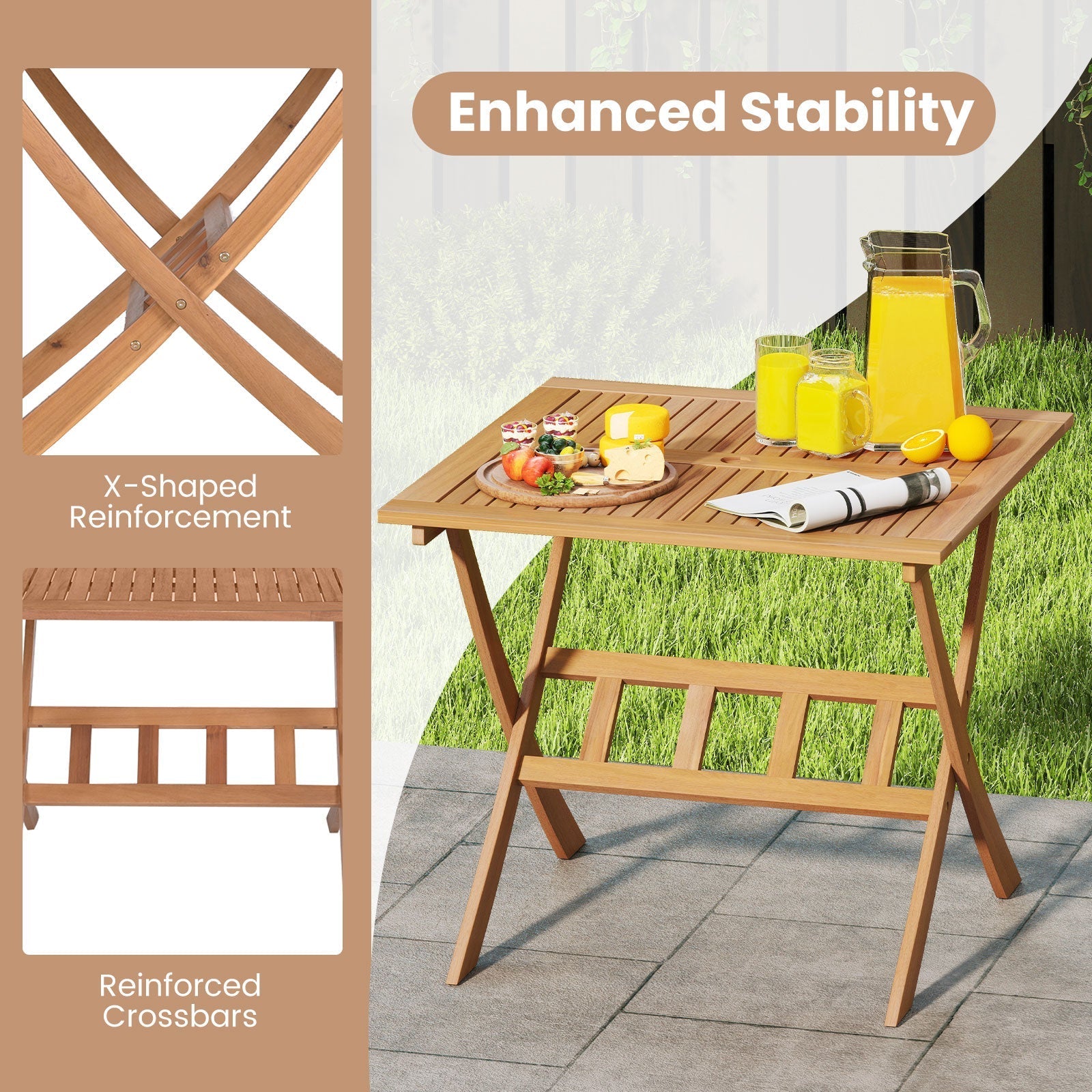 36-Inch Acacia Wood Folding Patio Dining Table with Umbrella Hole for 4 People