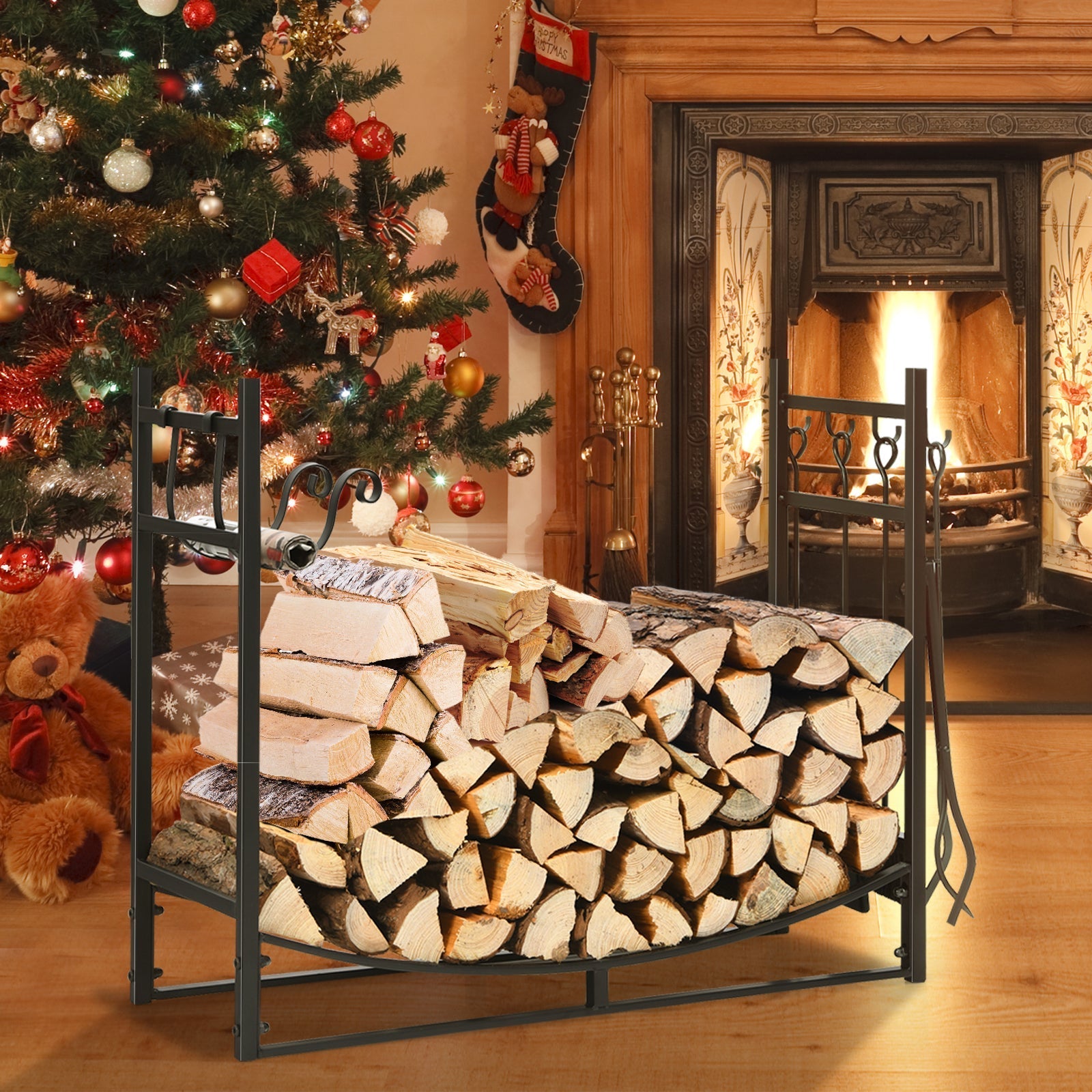 30 Inch Firewood Rack with 4 Tool Set Kindling Holders for Indoor and Outdoor