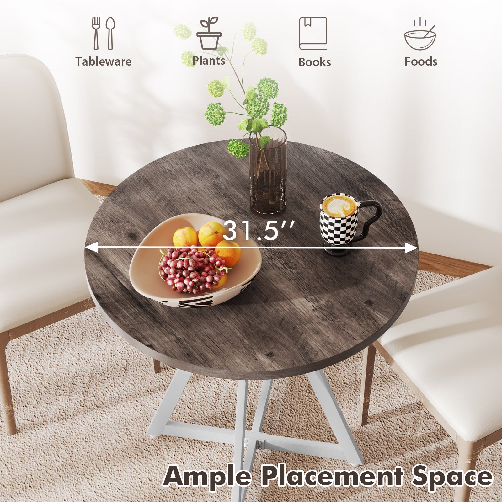 36 Inch Round Dining Table with Metal Pedestal Base-Natural