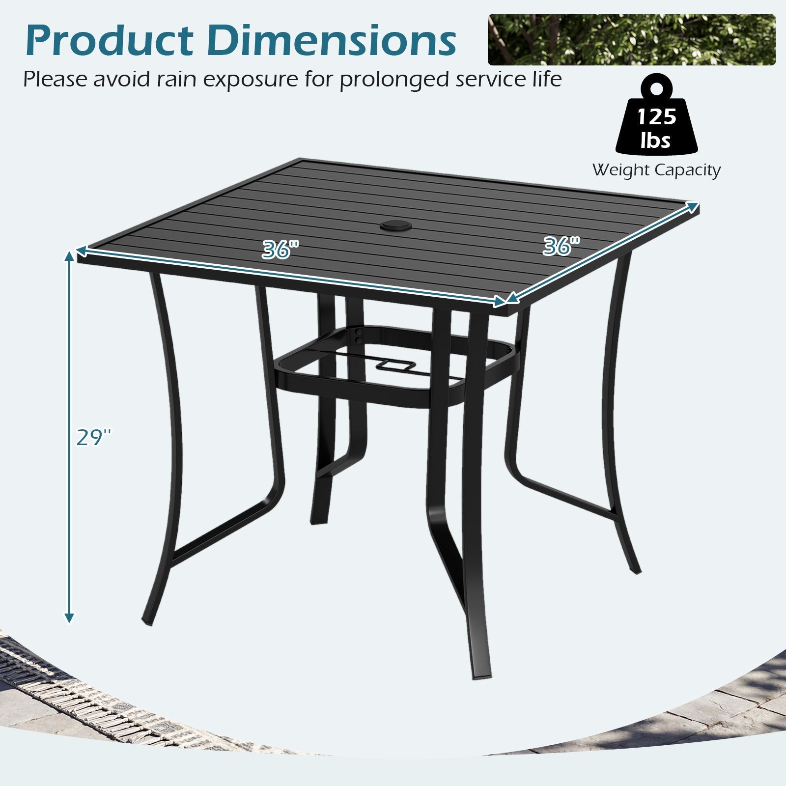 36 Inch Square Patio Table for 4 Metal Dining Table with Umbrella Hole-Black