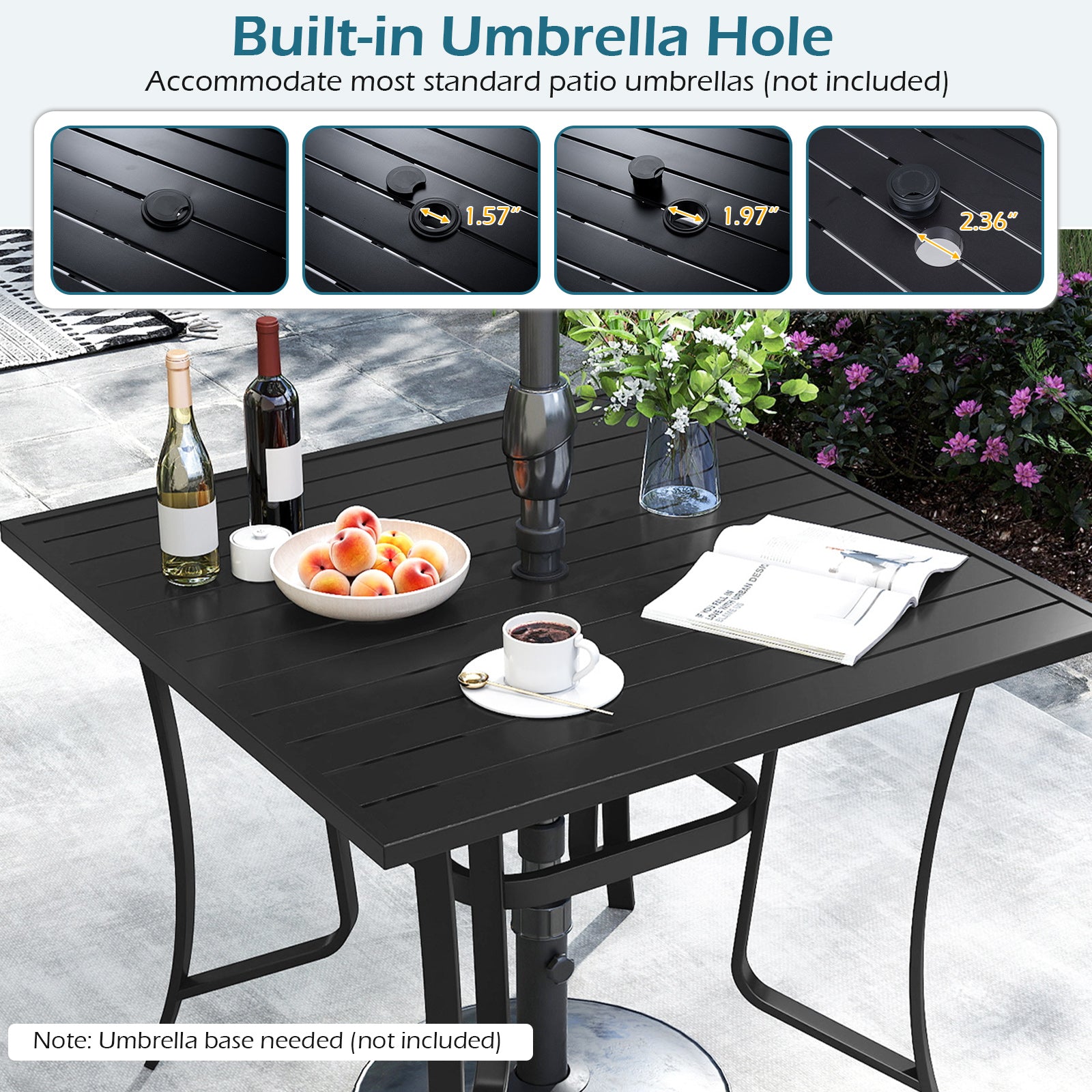 36 Inch Square Patio Table for 4 Metal Dining Table with Umbrella Hole-Black