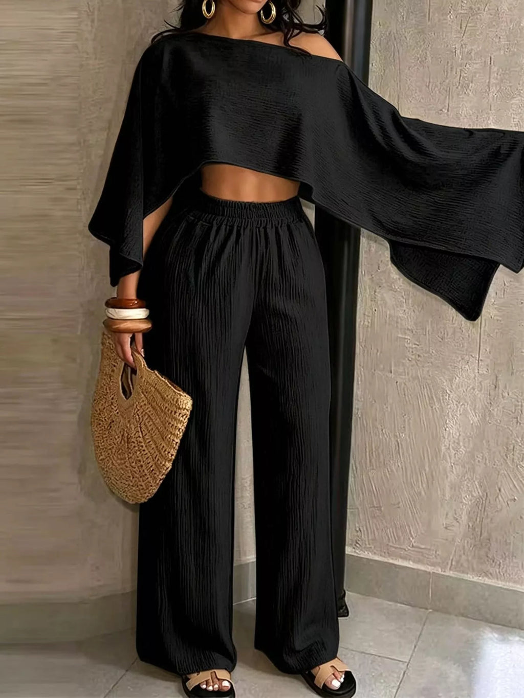 Boat Neck Crop Top and Wide-Leg Pants Set