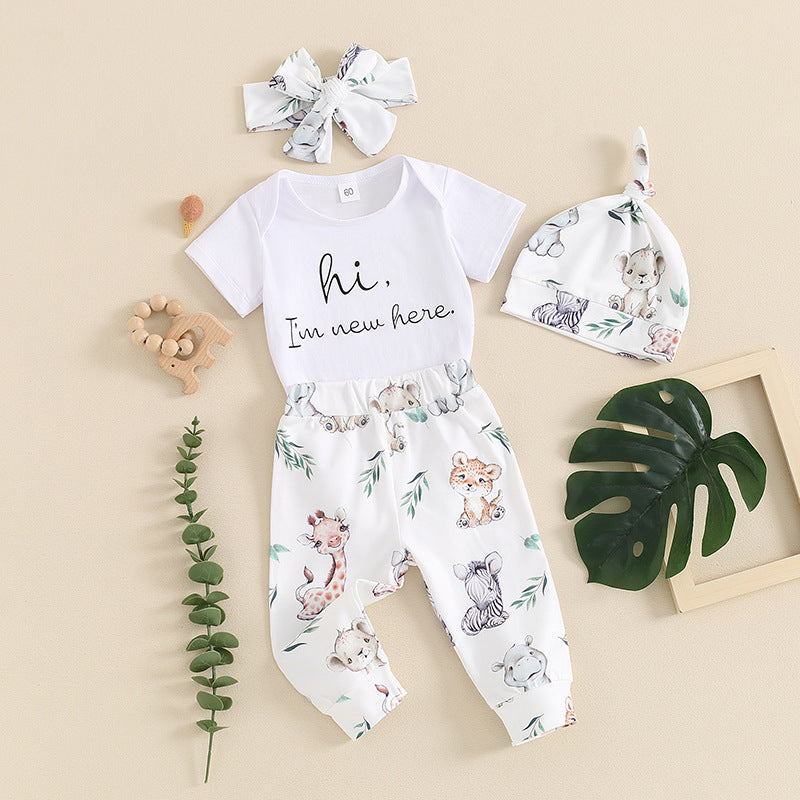 Letter-print Short-sleeve Romper Long Pants Hat And Headband Four-piece Set