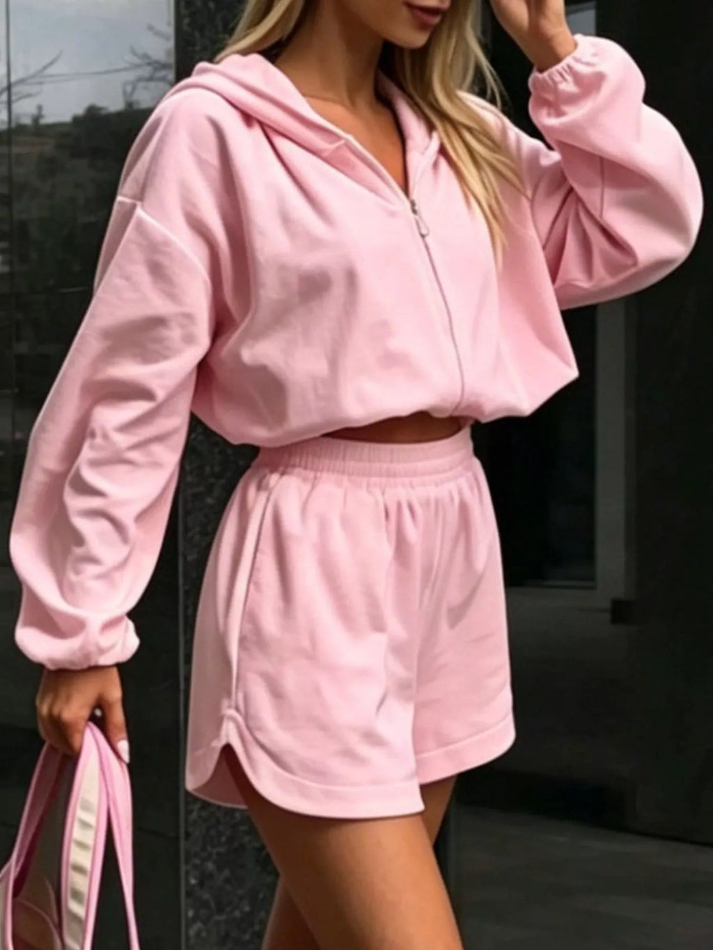 Zip Up Crop Hoodie and Shorts Set