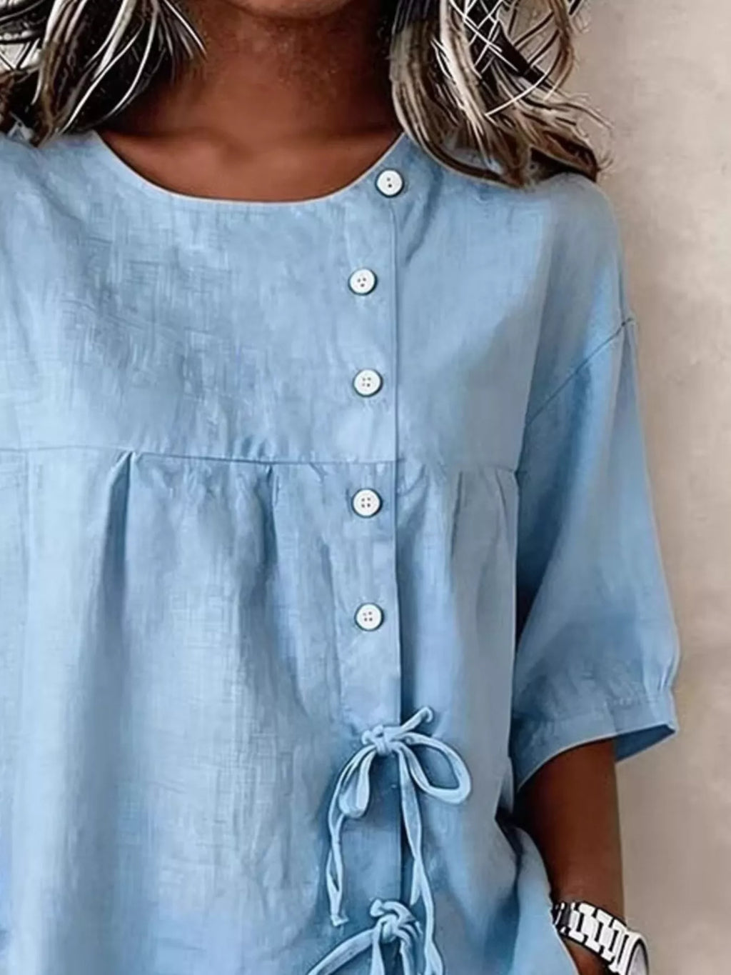 Full Size Decorative Button Tie-Front Blouse Plus Size