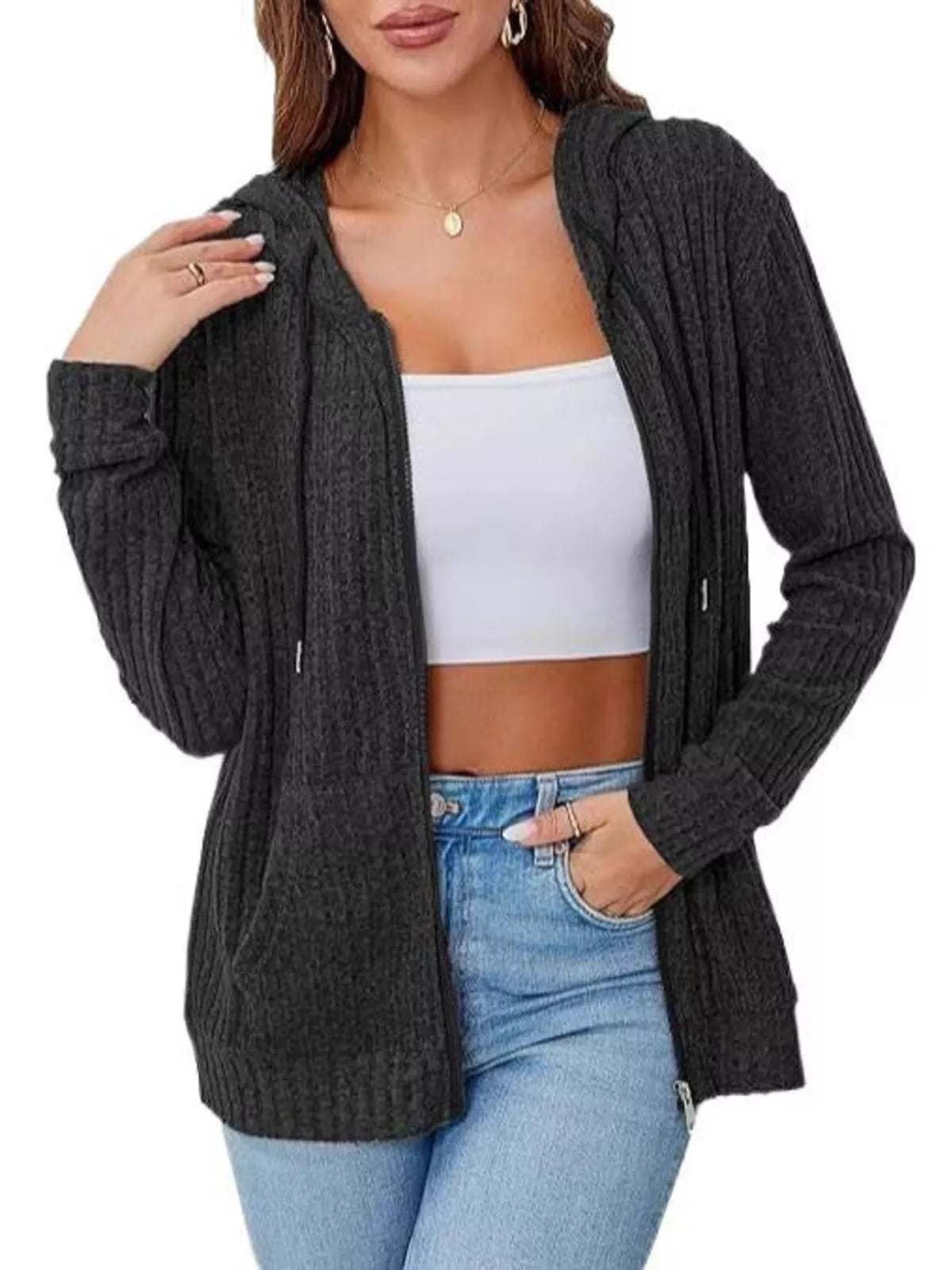Ribbed Knit Zip-Up Hooded Cardigan