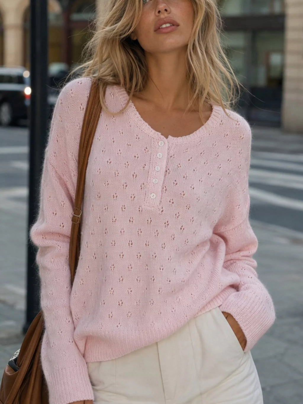 Pointelle Button-Front Round Neck Knit Top