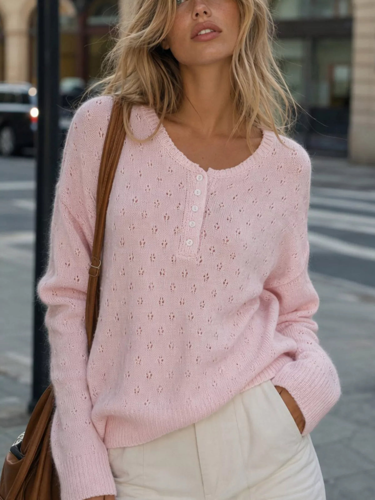 Pointelle Button-Front Round Neck Knit Top