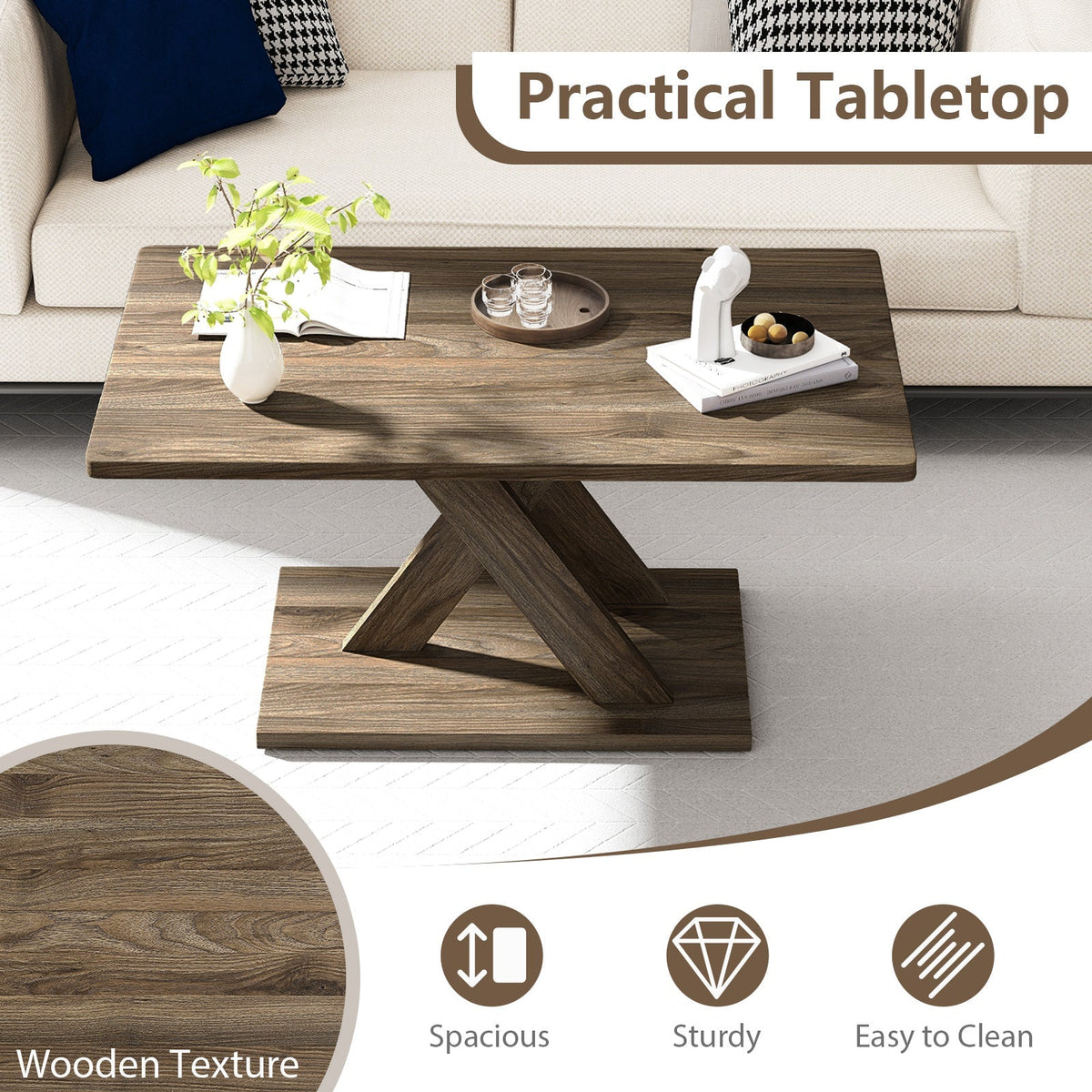 37.5 Inch Rectangular Coffee Table with Stable Base and Rubber Wood Connection for Living Room-Brown