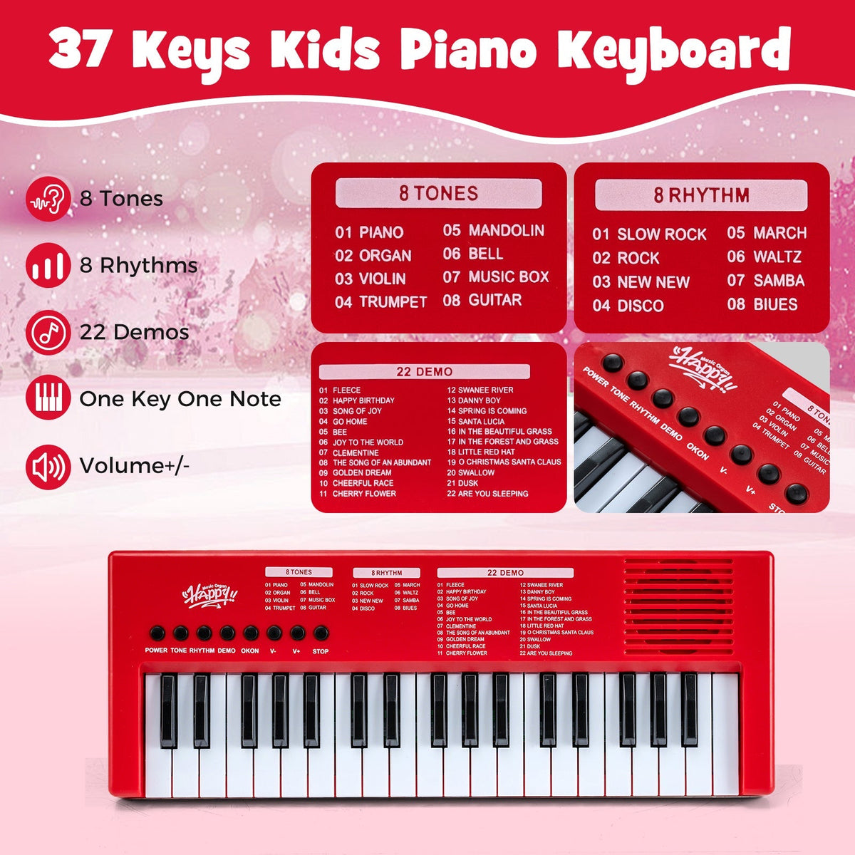 37 Keys Kids Piano Keyboard with 8 Rhythms and Microphone