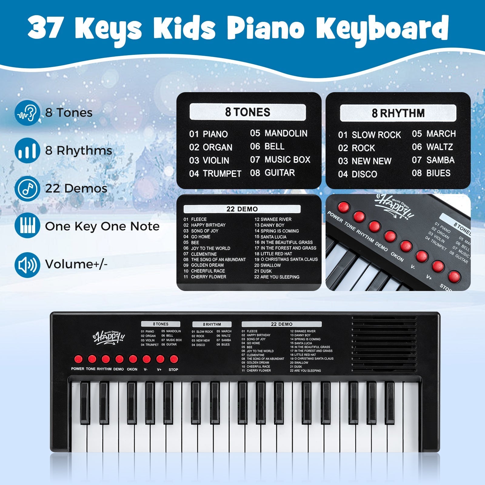 37 Keys Kids Piano Keyboard with 8 Rhythms and Microphone