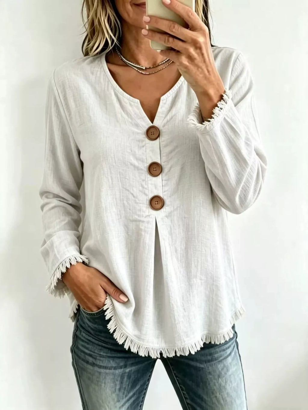 Full Size Casual Half-Button Blouse with Frayed Hem Detail Plus Size