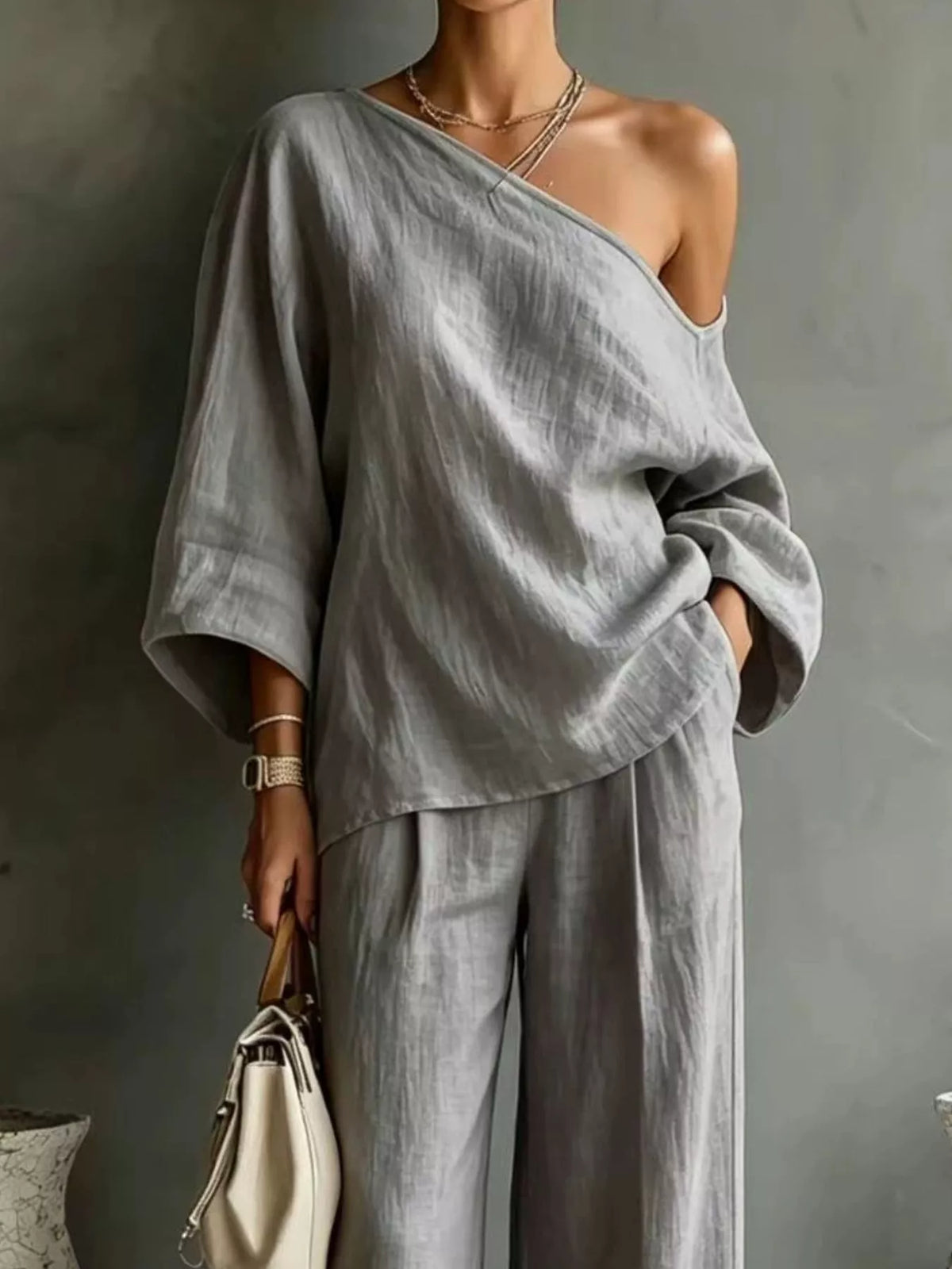 One Shoulder Top and Wide Leg Pants Set