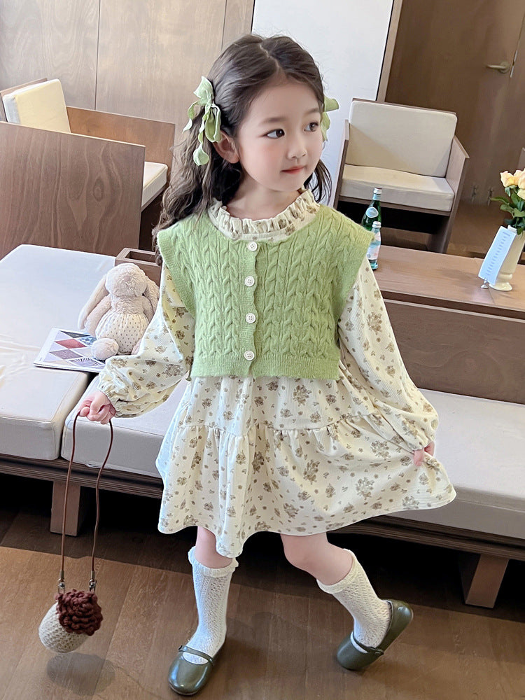 Girls Floral-print Dress And Vest Two-piece Set