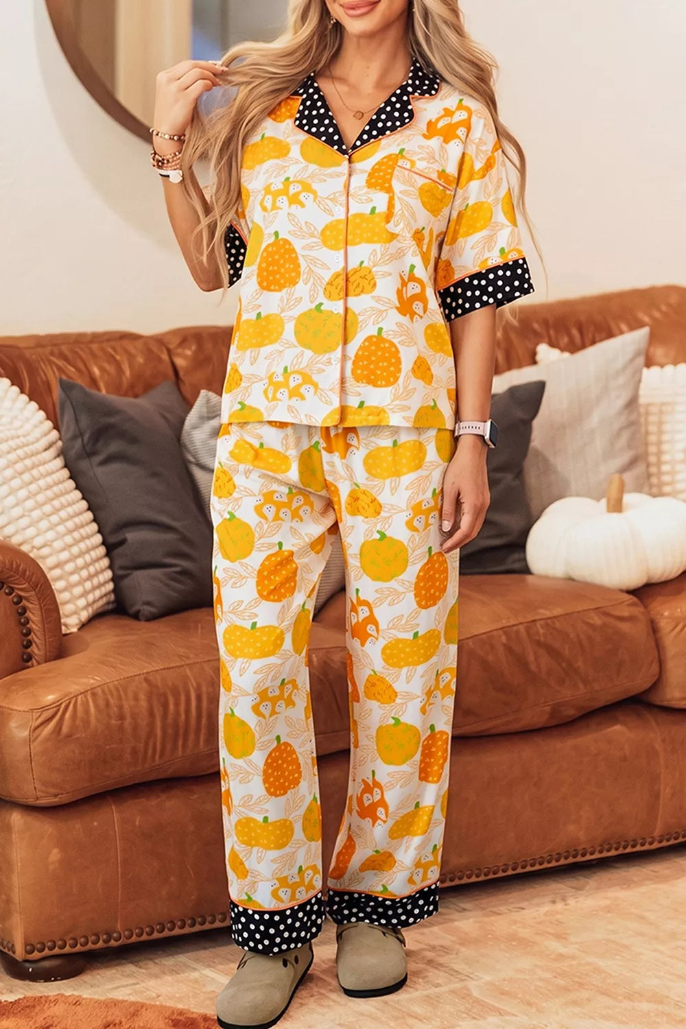 Short Sleeve Pumpkin Print Polka Dot Trim Pocket Placket Lounge Set