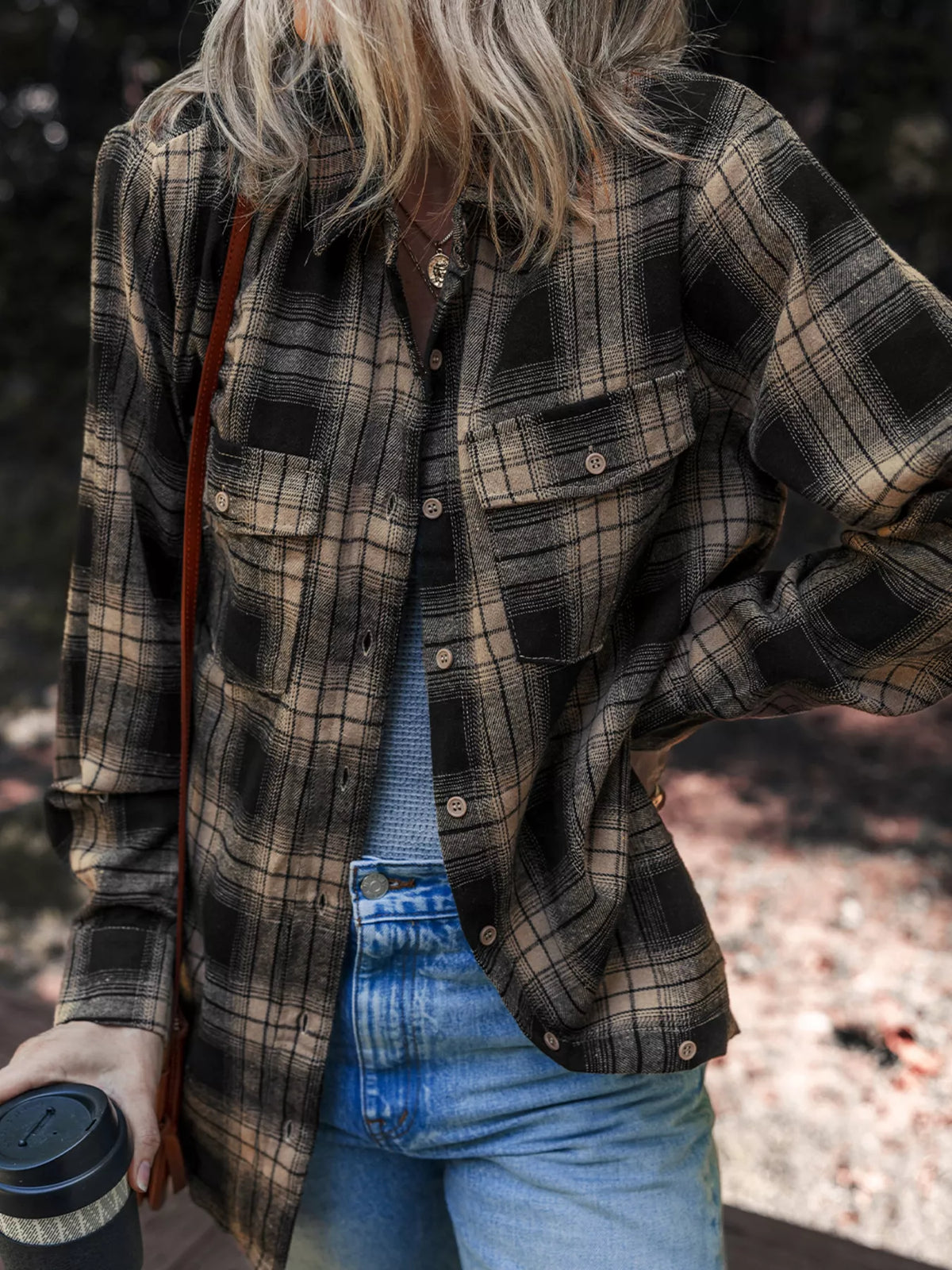 Plaid Double Flap Pocket Brushed Shacket