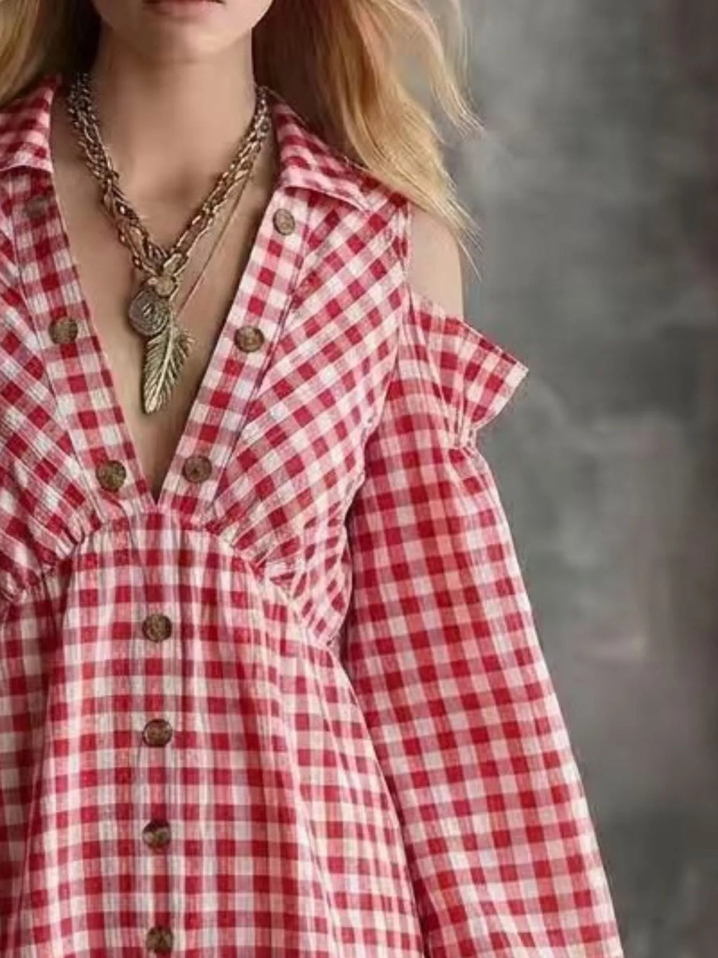 Gingham Cold-Shoulder Mini Dress