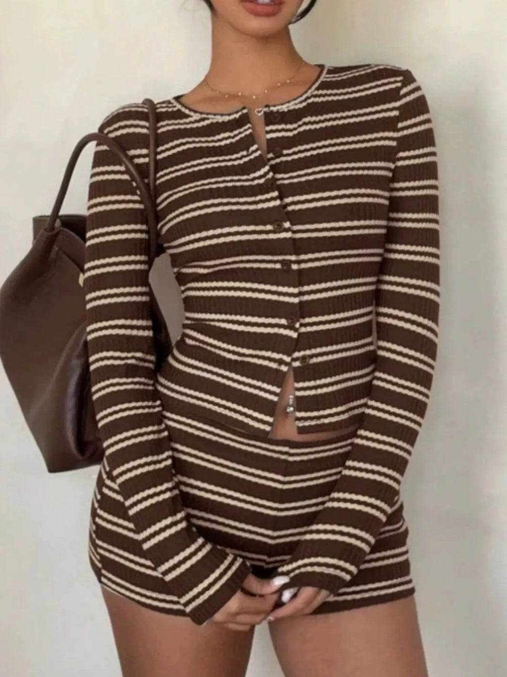 Striped Button-Down Cardigan and Shorts Set