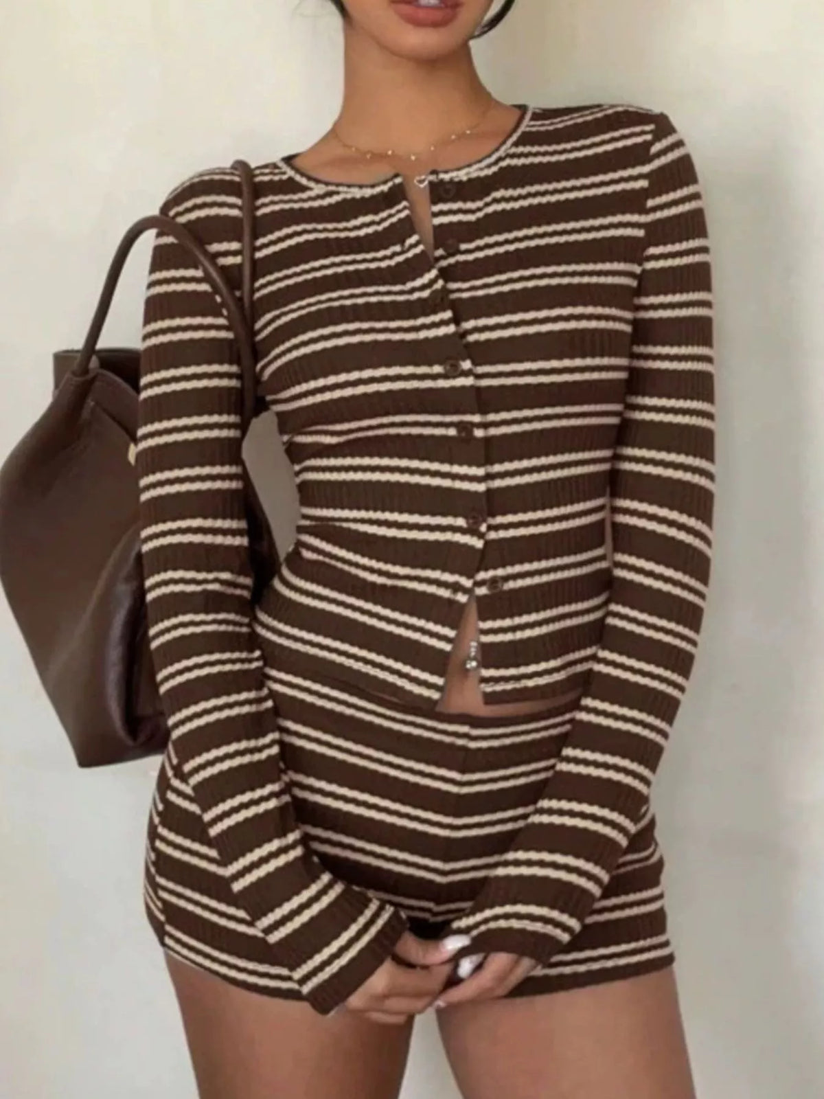 Striped Button-Down Cardigan and Shorts Set