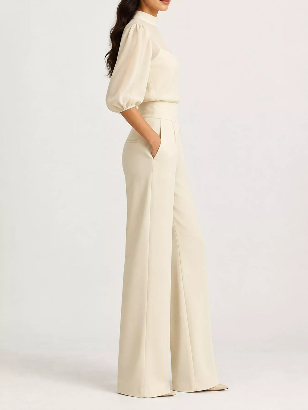 Mock Neck Puff Sleeve Top and Wide Leg Pants Set
