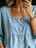 Full Size Square Neck Button-Down Denim Shirt Plus Size