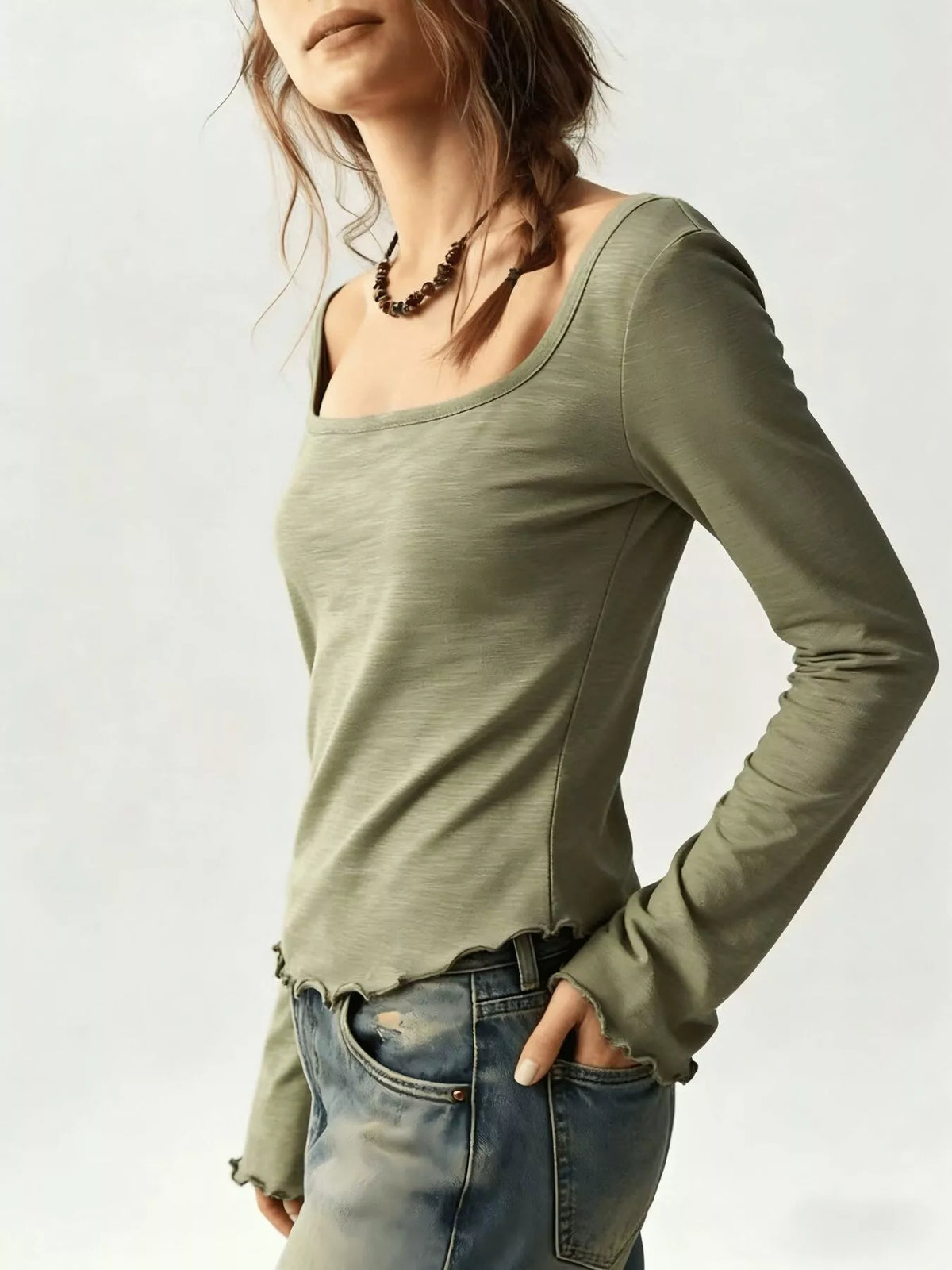 Long Sleeve Square Neck Slim-Fit T-Shirt