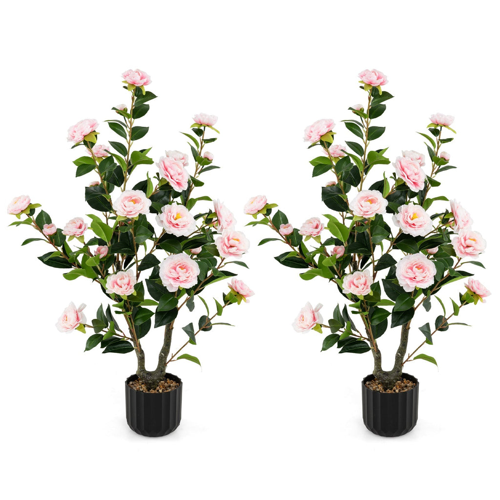 38 Inch Artificial Camellia Tree Faux Flower Plant in Cement Pot 2 Pack