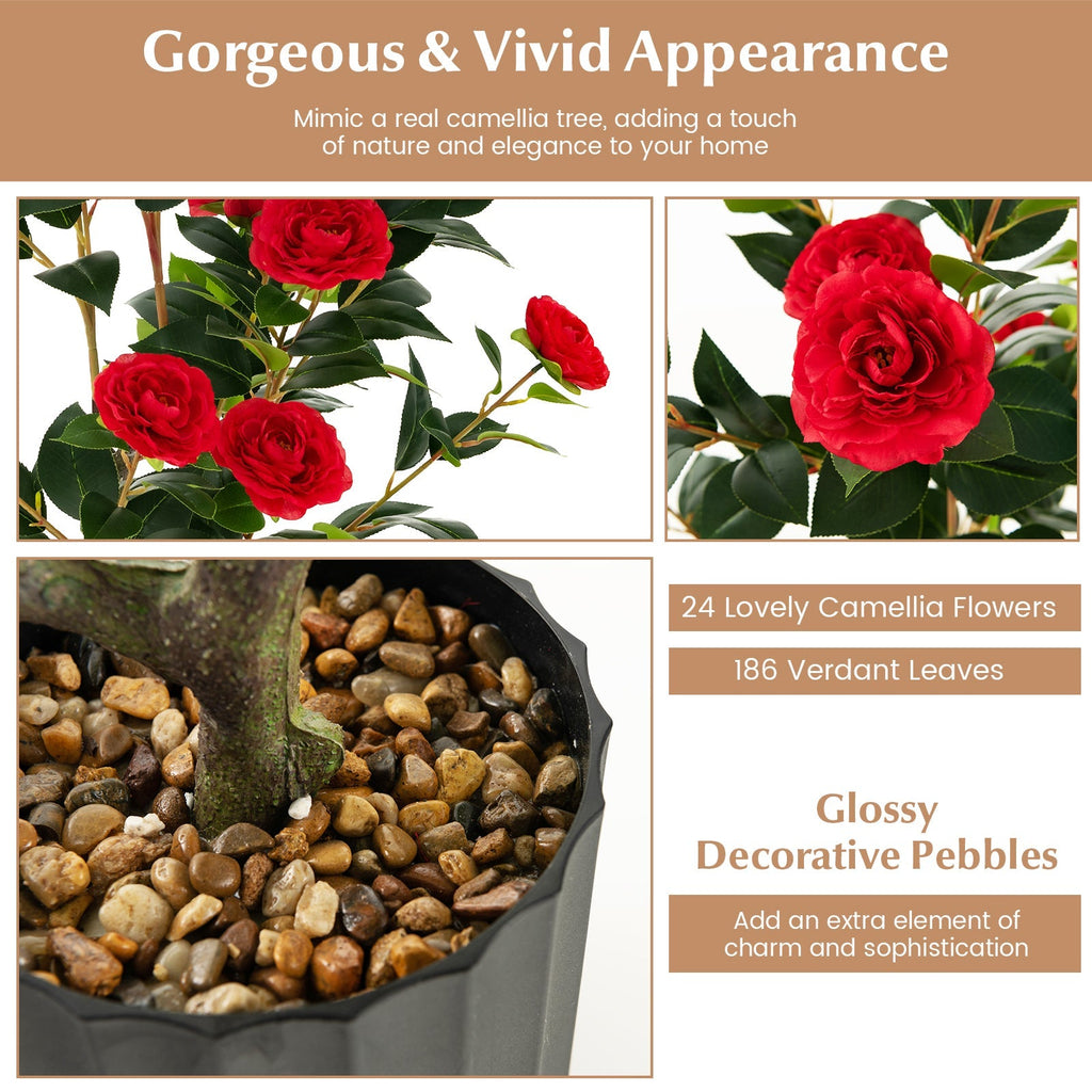 38 Inch Artificial Camellia Tree Faux Flower Plant in Cement Pot 2 Pack