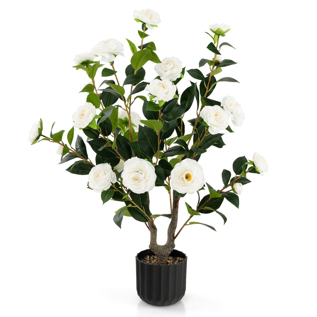 38 Inch Artificial Camellia Tree Faux Flower Plant in Cement Pot