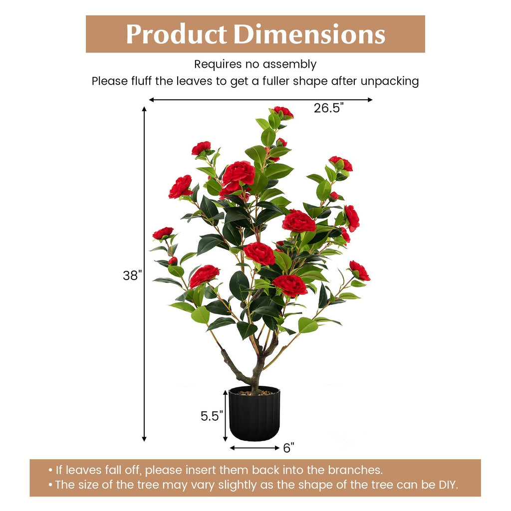 38 Inch Artificial Camellia Tree Faux Flower Plant in Cement Pot