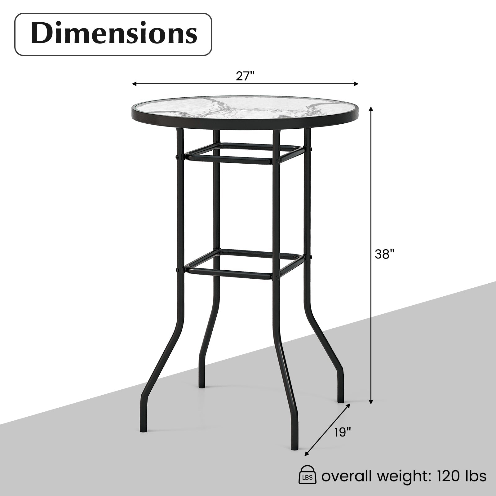 38 Inch Patio Bar Table with Tempered Glass Tabletop