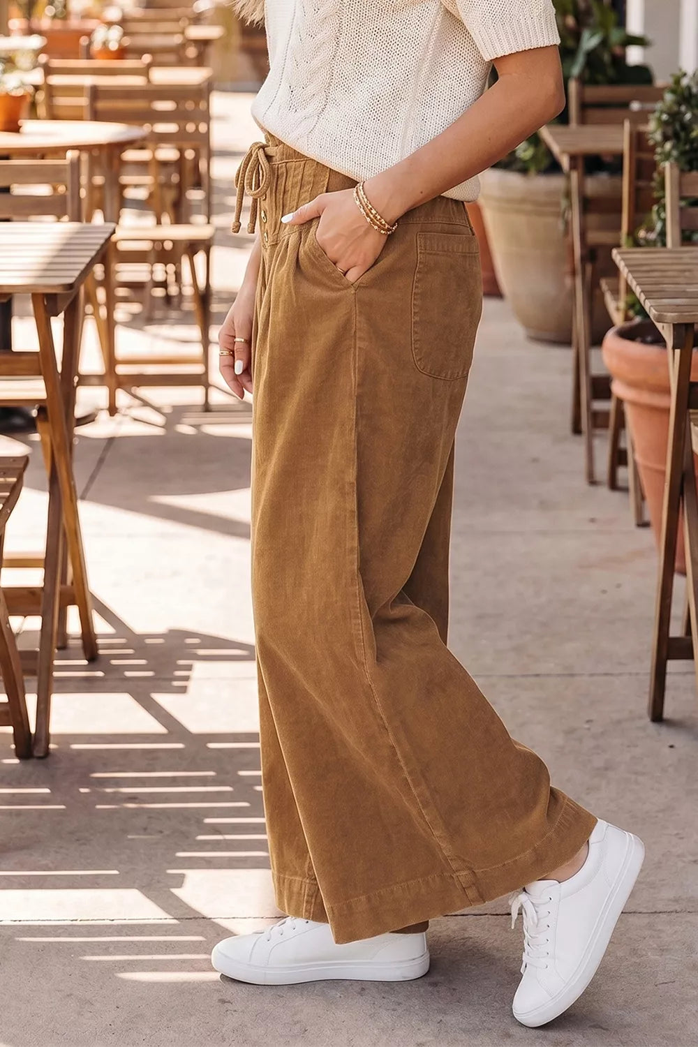 Elastic Waist Wooden Button Placket Ankle Length Wide Leg Pants