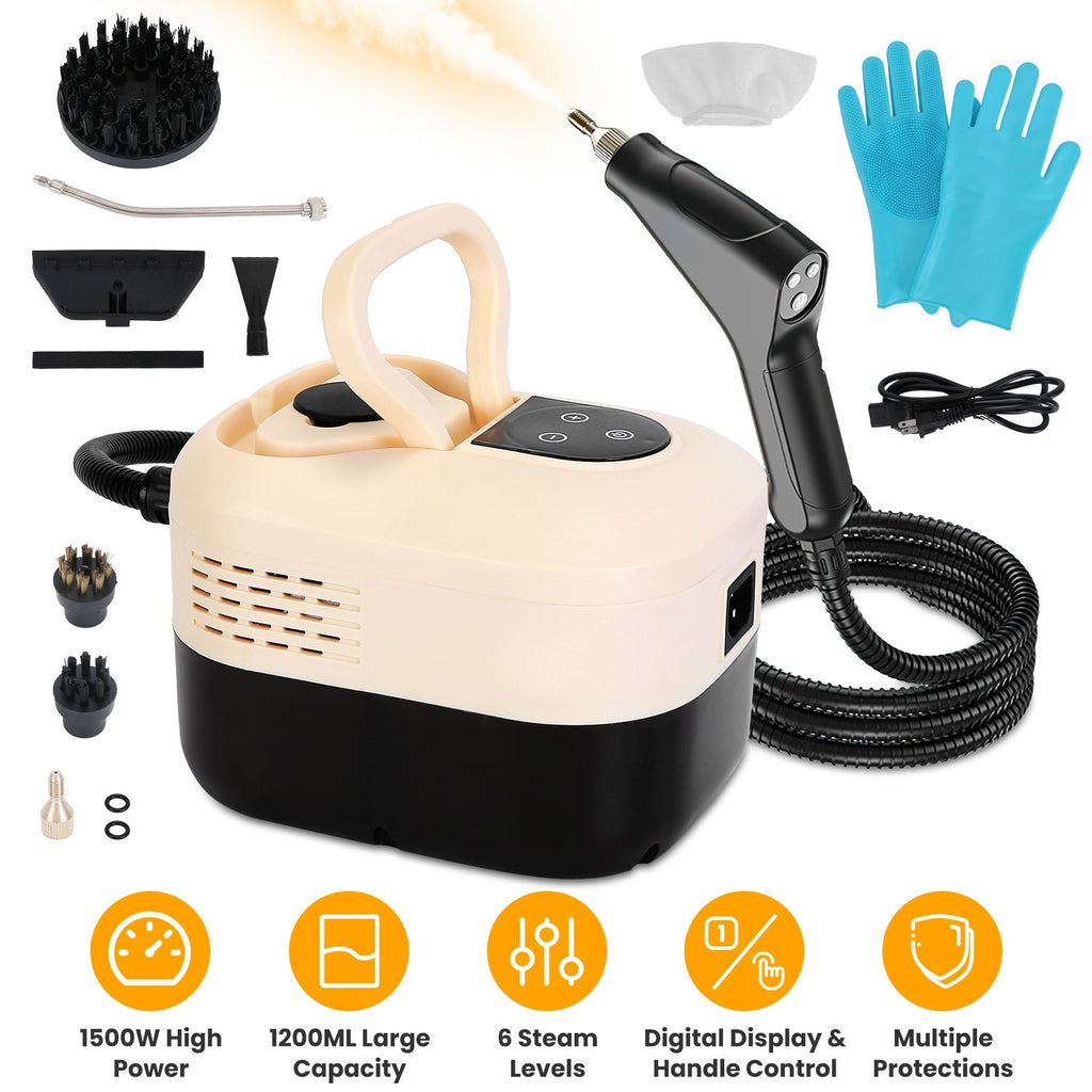 1500W Handheld High Temperature and Pressure Steamer Cleaner with 1200ML Tank 8 Accessories 6 Steam Levels Digital Display Handle Control for Dirt Gre