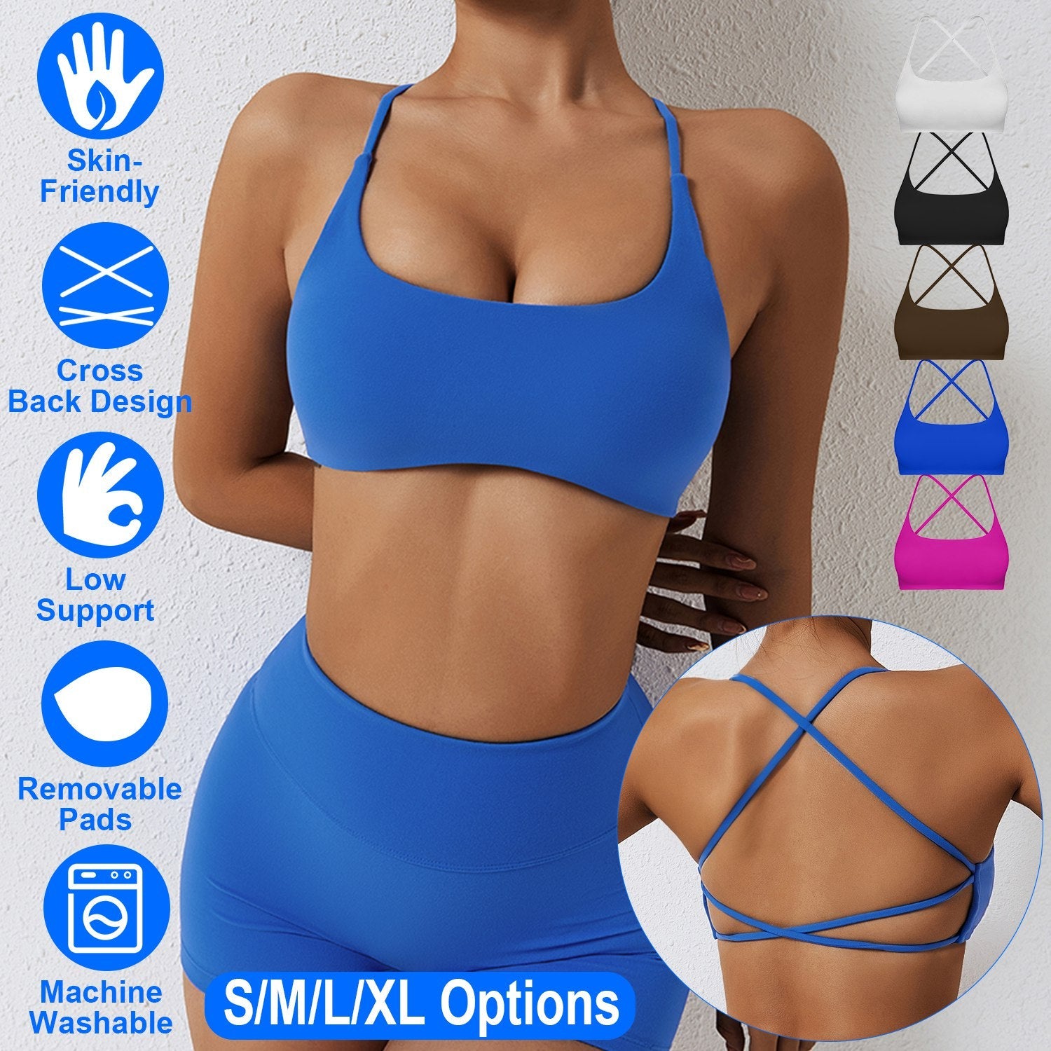 Cross Back Padded Sports Bra with Removable Pads