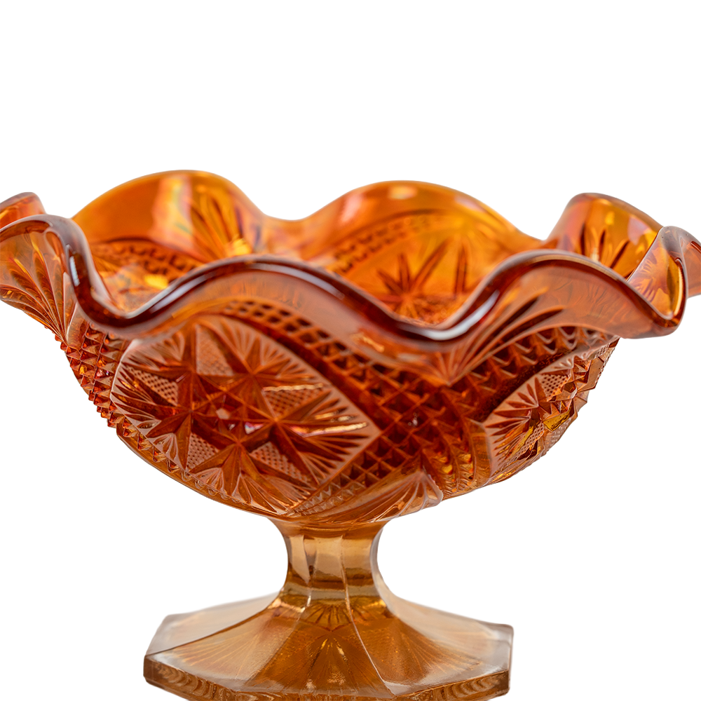 Imperial Marigold Open Rose Ruffled Bowl – Carnival Glass Pedestal