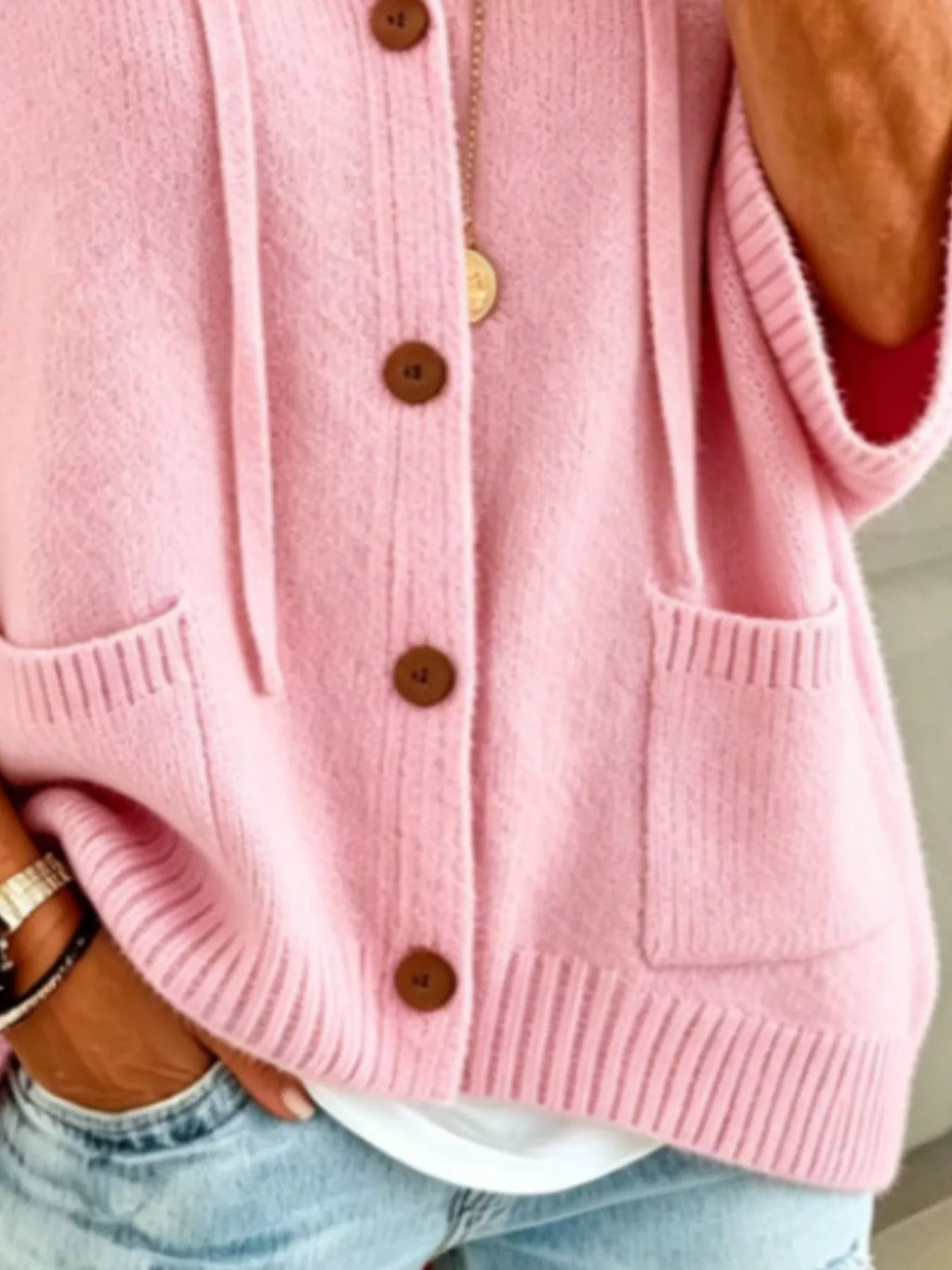 Full Size Casual Hooded Button-Down Knit Cardigan with Pockets Plus Size