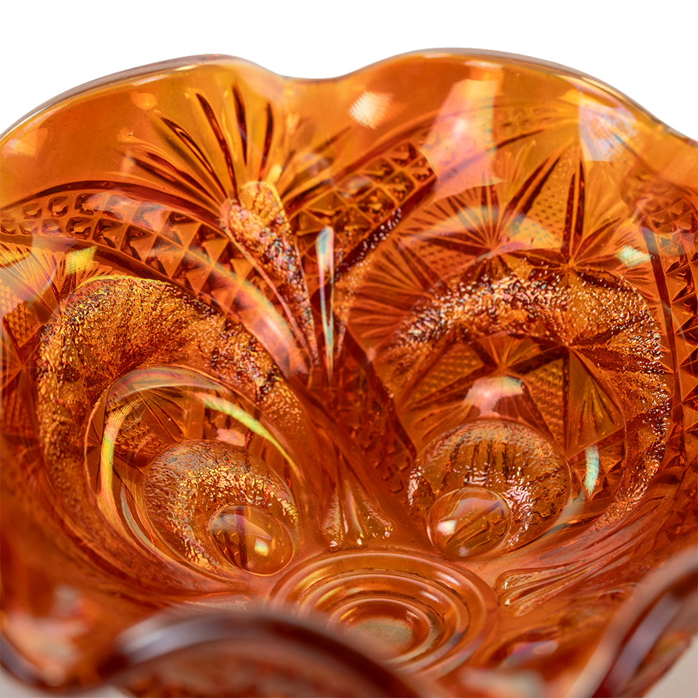 Imperial Marigold Open Rose Ruffled Bowl – Carnival Glass Pedestal