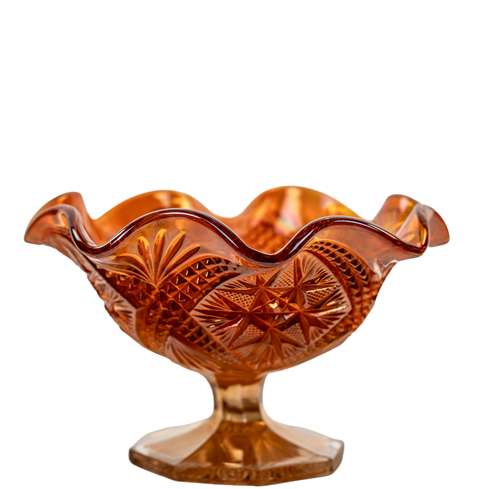 Imperial Marigold Open Rose Ruffled Bowl – Carnival Glass Pedestal