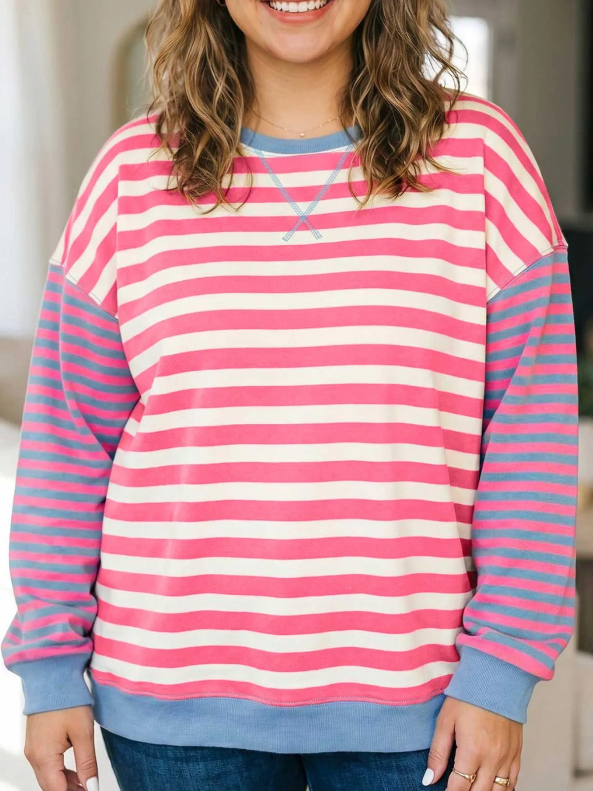 Plus Size Color Block Striped Crewneck Long Sleeve Shift Tunic Sweatshirt