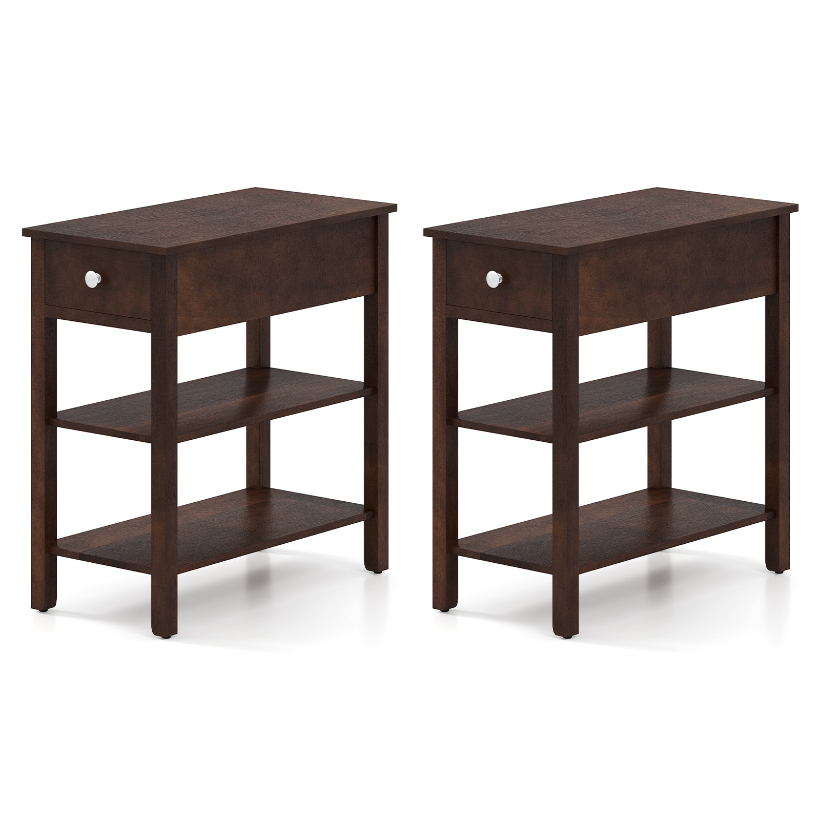 3-Tier Narrow End Table with Drawer and Storage Shelves Set of 2