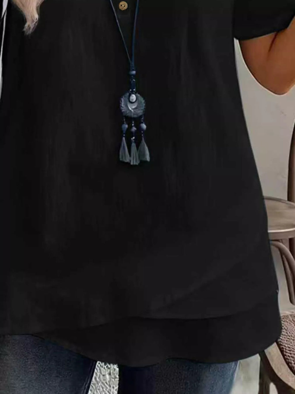 Notched Short Sleeve Blouse