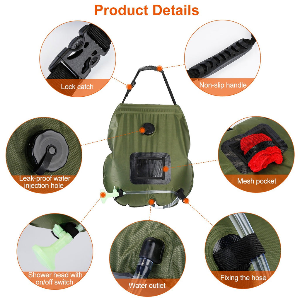5Gal Solar Heating Camping Shower Bag w/ Removable Hose And Shower Head Portable Shower Bag for Beach Traveling Hiking