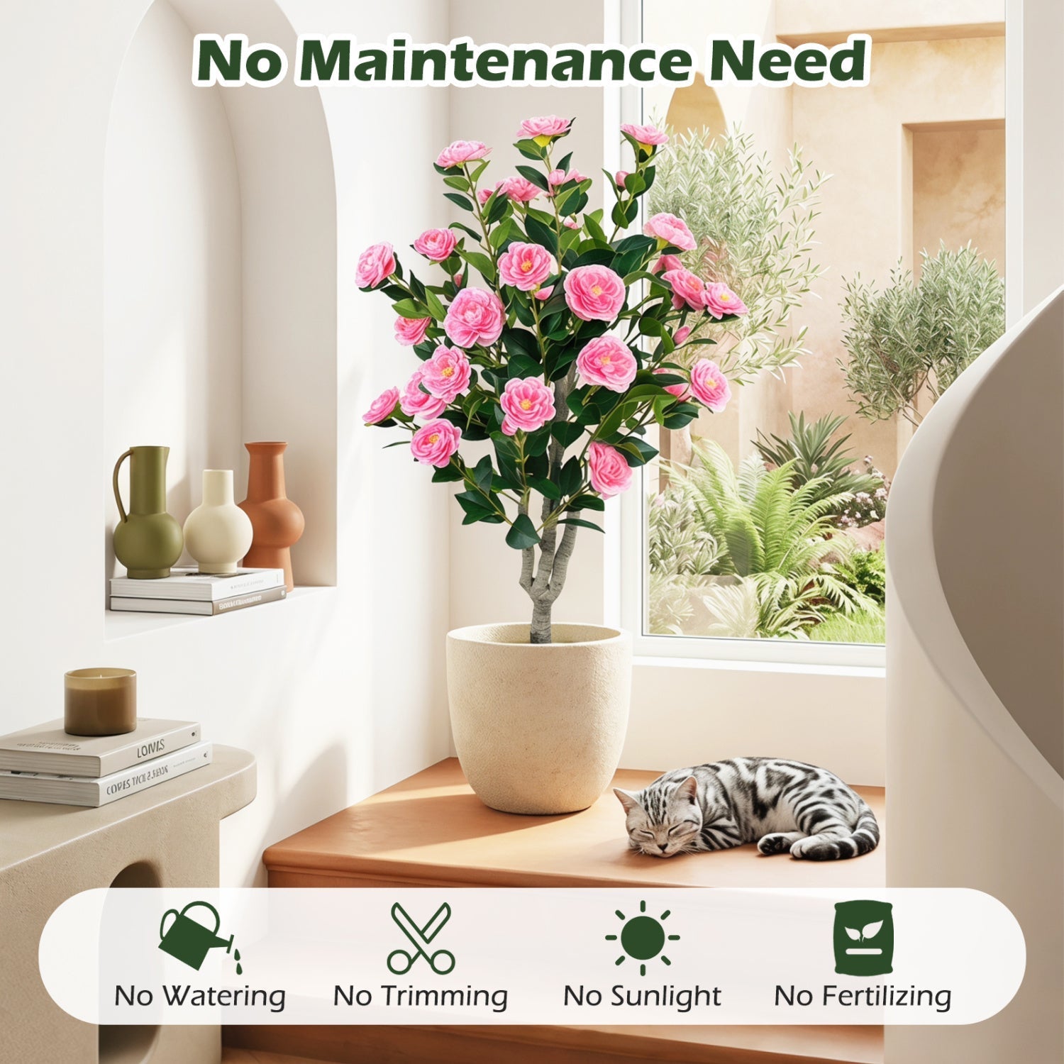 Artificial Camellia Tree 39.5" with Cement Pot