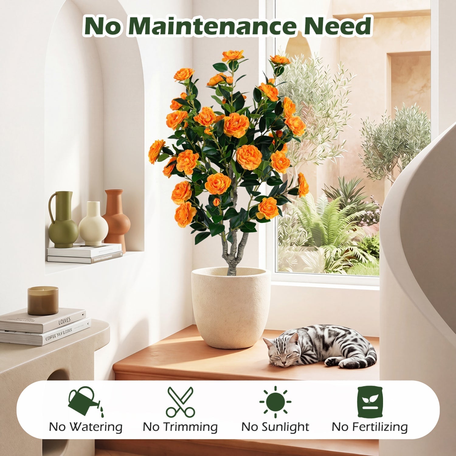 Artificial Camellia Tree 39.5" with Cement Pot