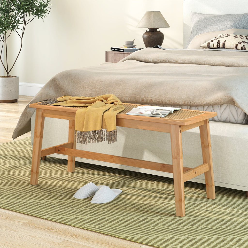 39.5 Inch Bamboo Dining Bench with Handwoven Rattan Seat for Indoor Outdoor-Natural