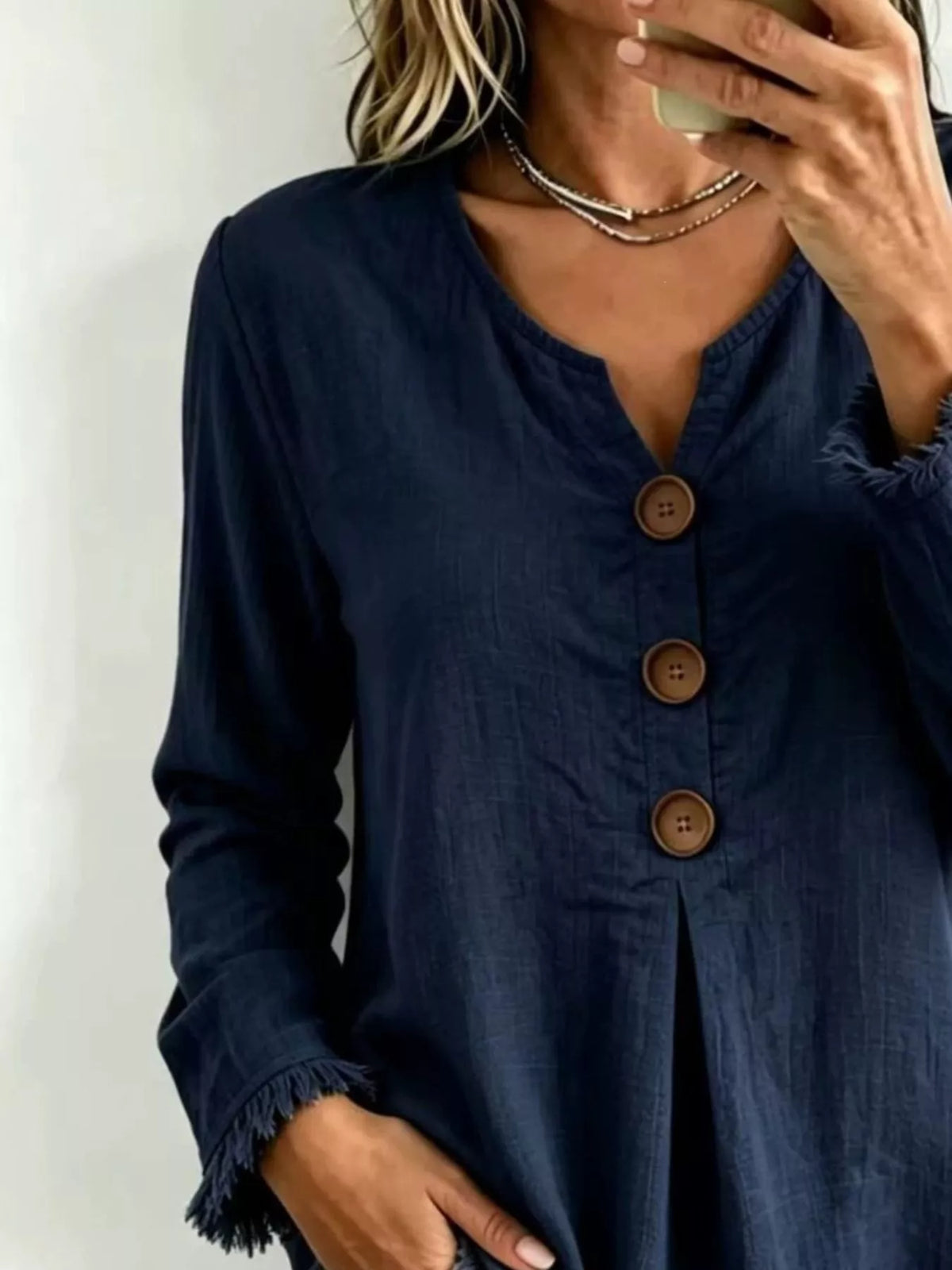 Full Size Casual Half-Button Blouse with Frayed Hem Detail Plus Size