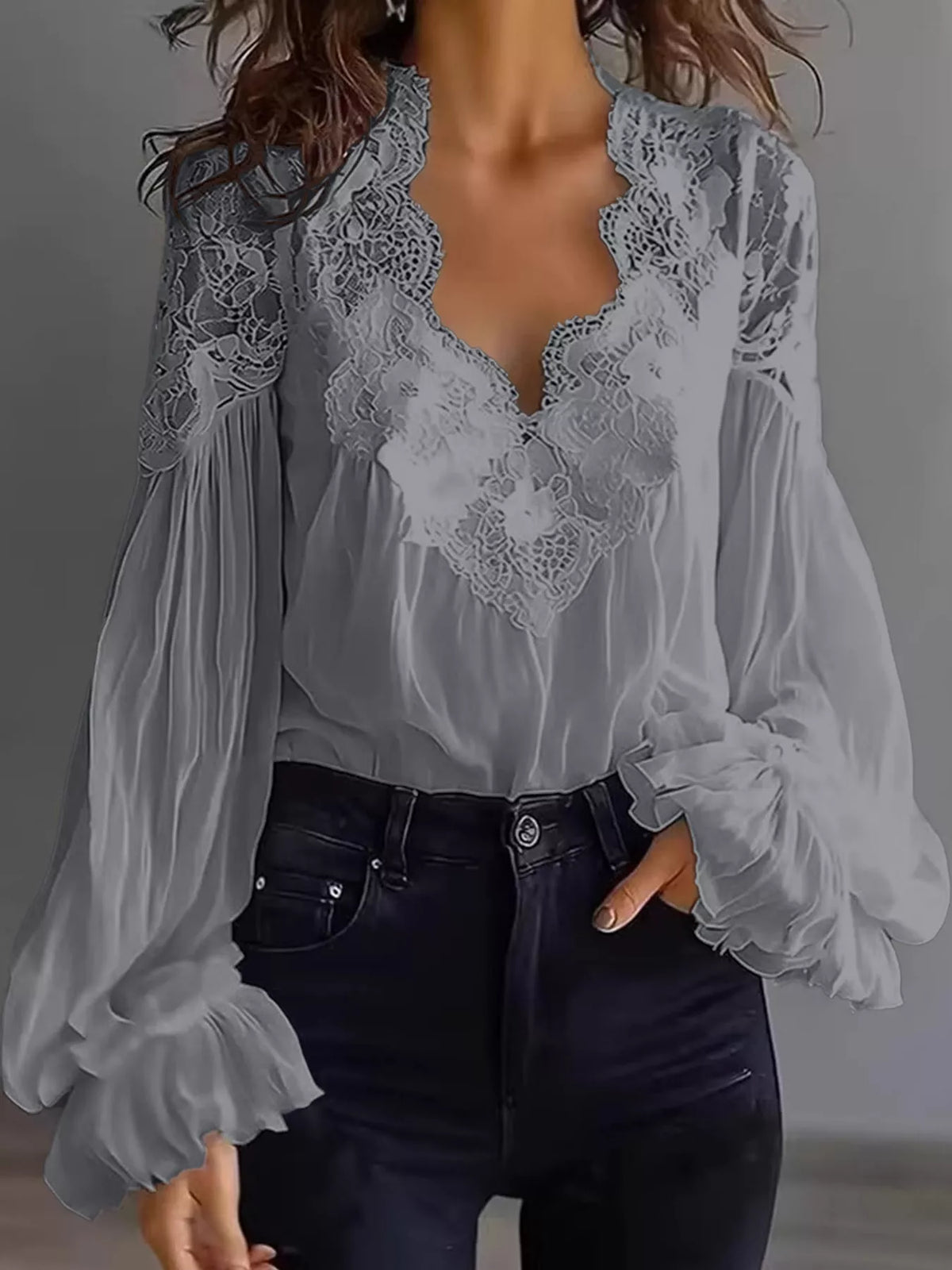 Full Size Lace V-Neck Flounce Sleeve Blouse Plus Size