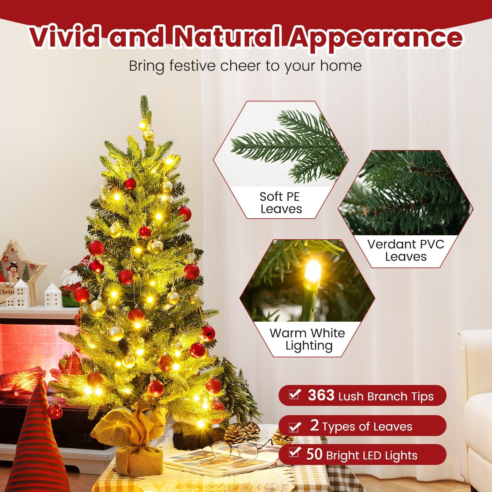 3 Feet Mini Pre-Lit Artificial Christmas Tree Tabletop Xmas Tree with Burlap Base